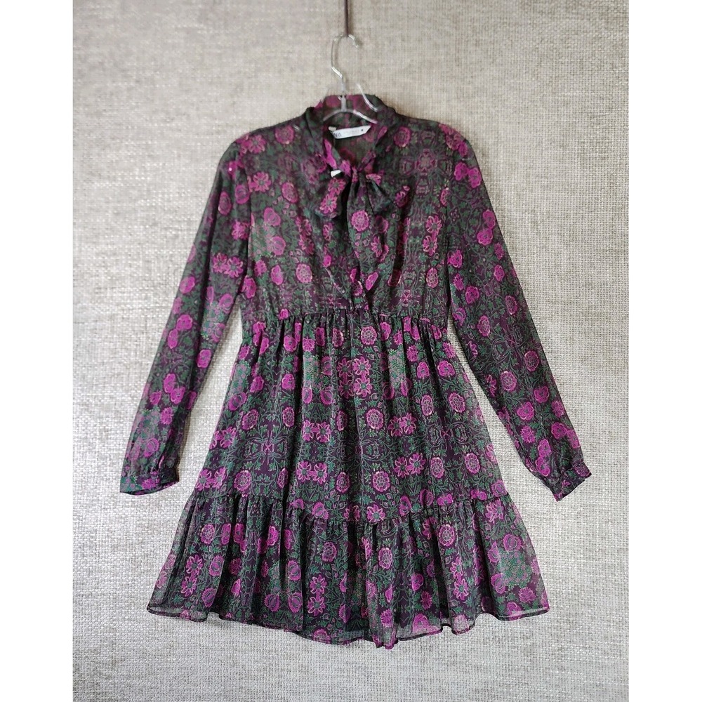 Zara Ruffle Chiffon Floral Dress Womens XS Purple Green Sheer Long Sleeve NEW
